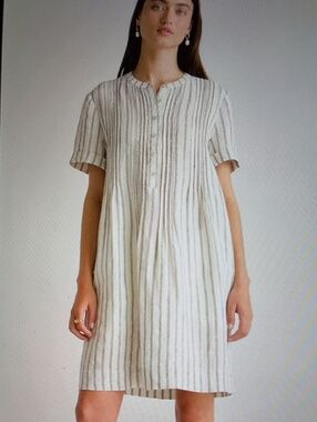 Quince Striped Linen S.S. Button Front Shift Dress